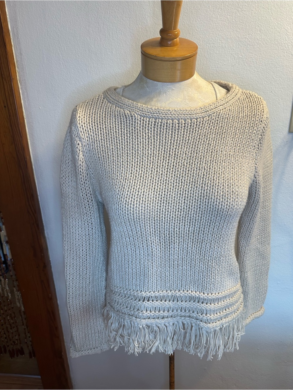 LOFT Cream Crewneck Sweater with Fringe Hem